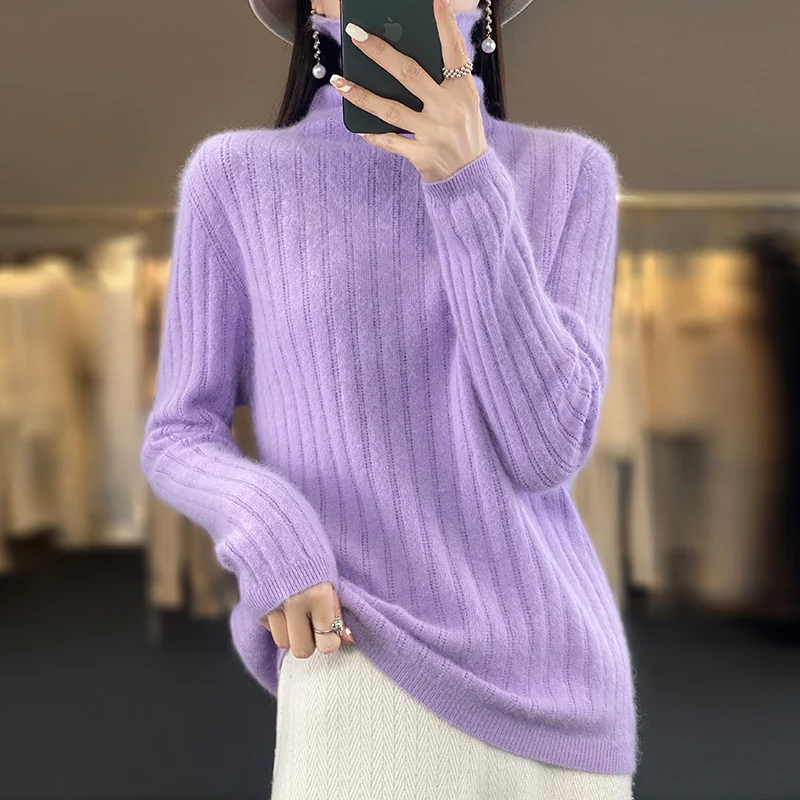 

Autumn/Winter Women's New 100% Mink Fleece High Neck Sweater Hollow out Fashion Stripes Solid Color Luxury Fabric Top Pullover