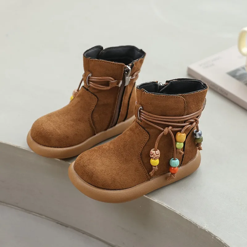 Girls Leather Ankle Boots Winter Kids Casual Beading Round Toe