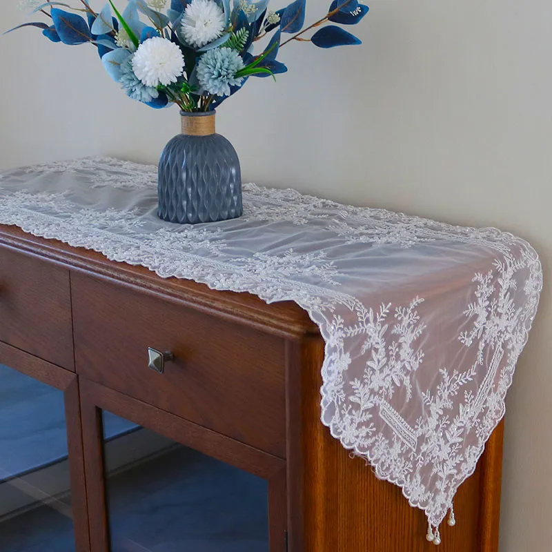 

Embroidery Lace Tablecloth, Table Cloth, Table Runner Cover, Lace Tablecloth, White Hook, Hand Sewing, Bead Mat,, MF257