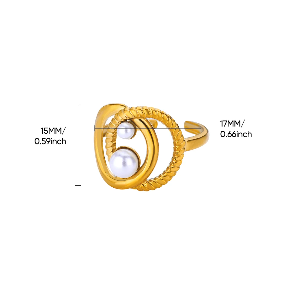 Stainless Steel Double Round Imitation Pearl Ring For Women Wedding
