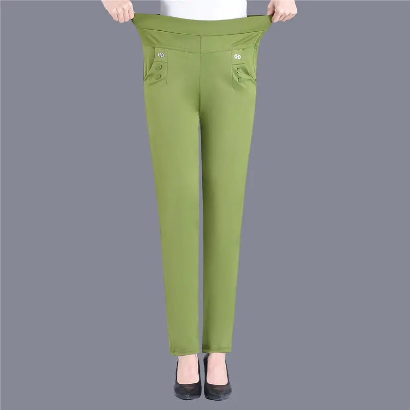 Summer Elastic High Waist Pants Women Straight Pants Slim Pencil Pants Thin Casual Trouser Plus Size Korean Women Clothing New