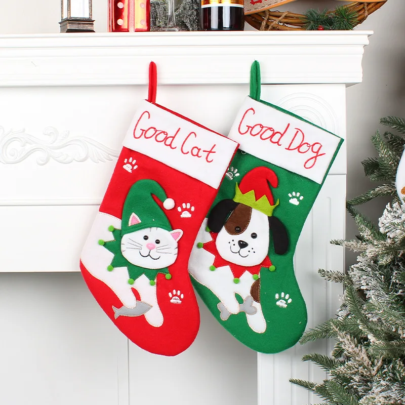 Cute Dogs and Cats Cartoon Christmas Stockings Pendant Christmas Tree Gift Bag Decorative Socks christmas decorations