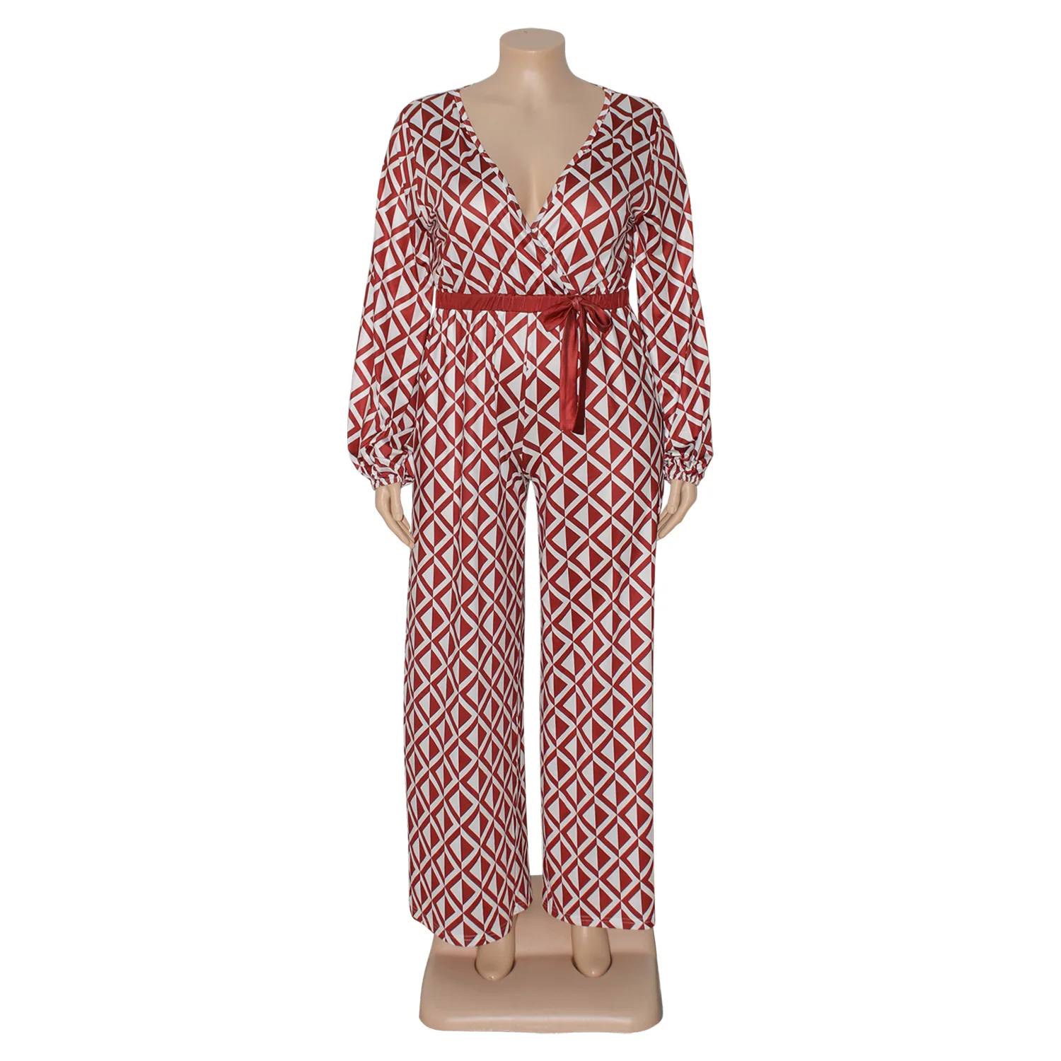 Plus Size Women Jumpsuits Geometric Print One Piece Outfit Female Fashion Belt Elegant Jumpsuit Lady Wide Leg Pants Wholesale