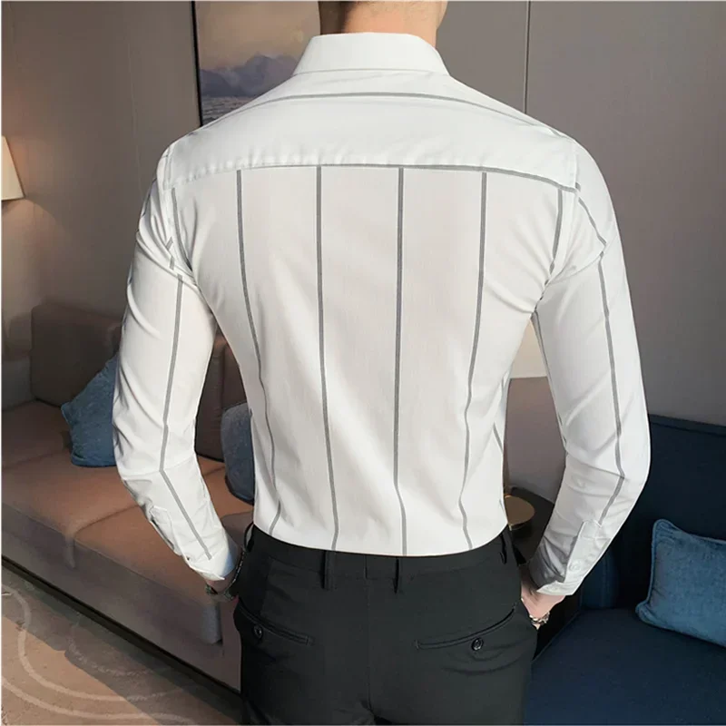 Plus Size 5XL-M High Quality Business Formal Striped Shirts Men Long Sleeve Casual Slim Fit Tuxedo Shirts Social Club Clothing