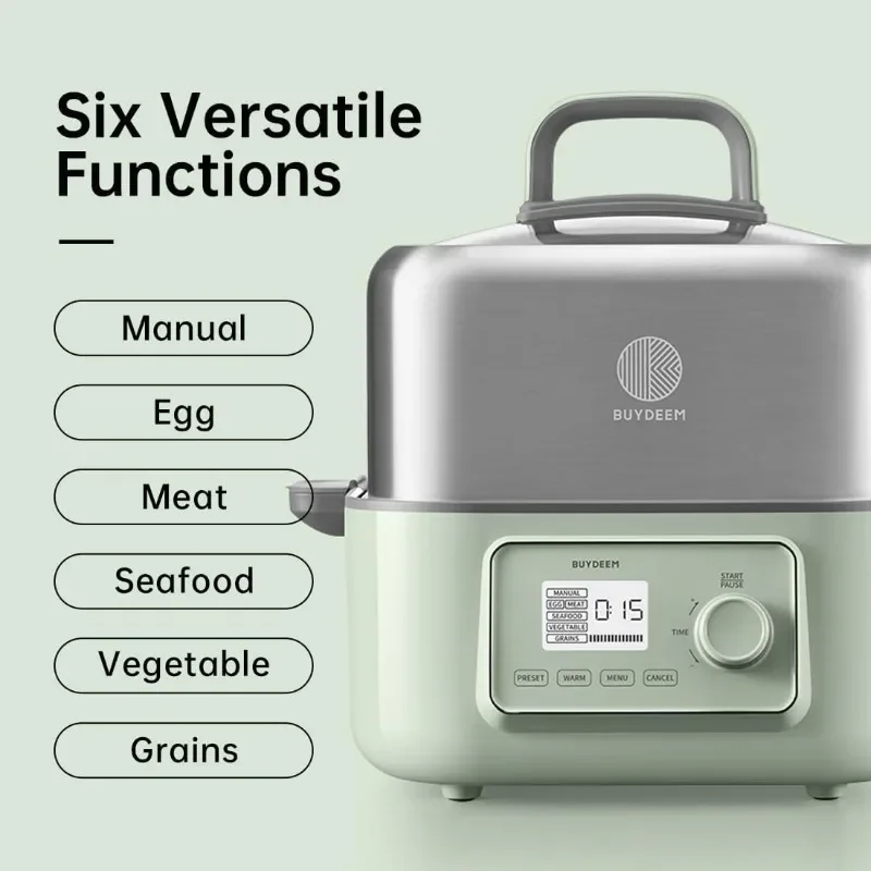 BUYDEEM G67US-A503 Electric Food Steamer for Cooking, 2 Tire Stainless Steel Steamer with Manual Mode, 1500W, 14 Quart, Green 3