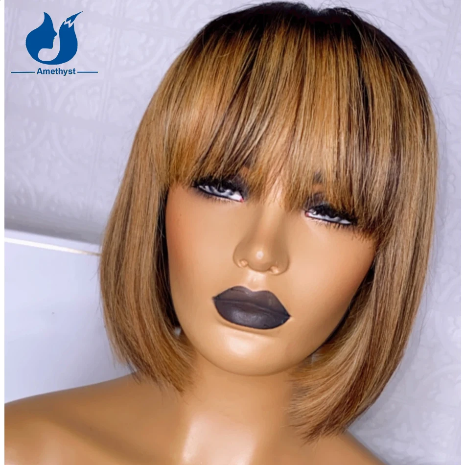 

Amethyst Honey Blonde Highlight Short Bob Wigs With Bangs Scalp Top Full Machine Human Hair Wig Brazilian Remy Fringe Bob 10Inch