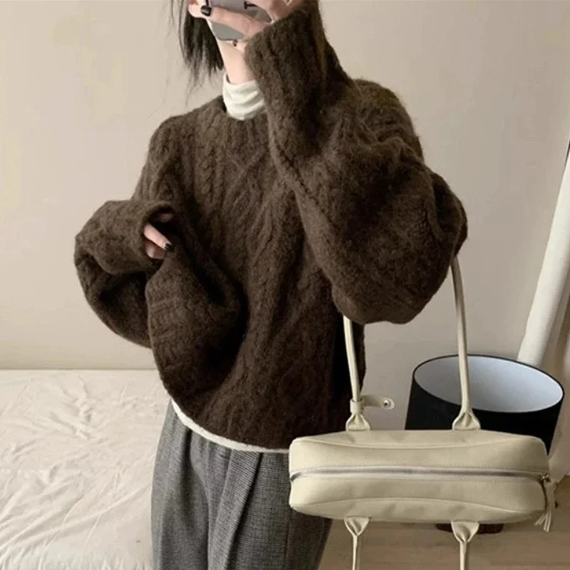 Autumn and Winter Women's New Crew Neck Knitted Long-sleeved Sweater Fashion Casual Retro Office Top Knitwear