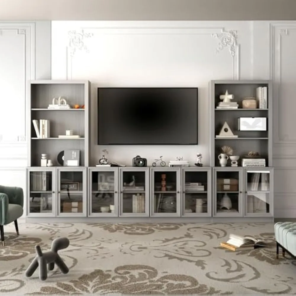 Entertainment Center with Bookshelves&Glass Doors, Living Room Entertainment Center with Bridge, Hutch Space for TV, Wood Grain 4