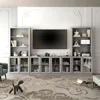 Entertainment Center with Bookshelves&Glass Doors, Living Room Entertainment Center with Bridge, Hutch Space for TV, Wood Grain 4