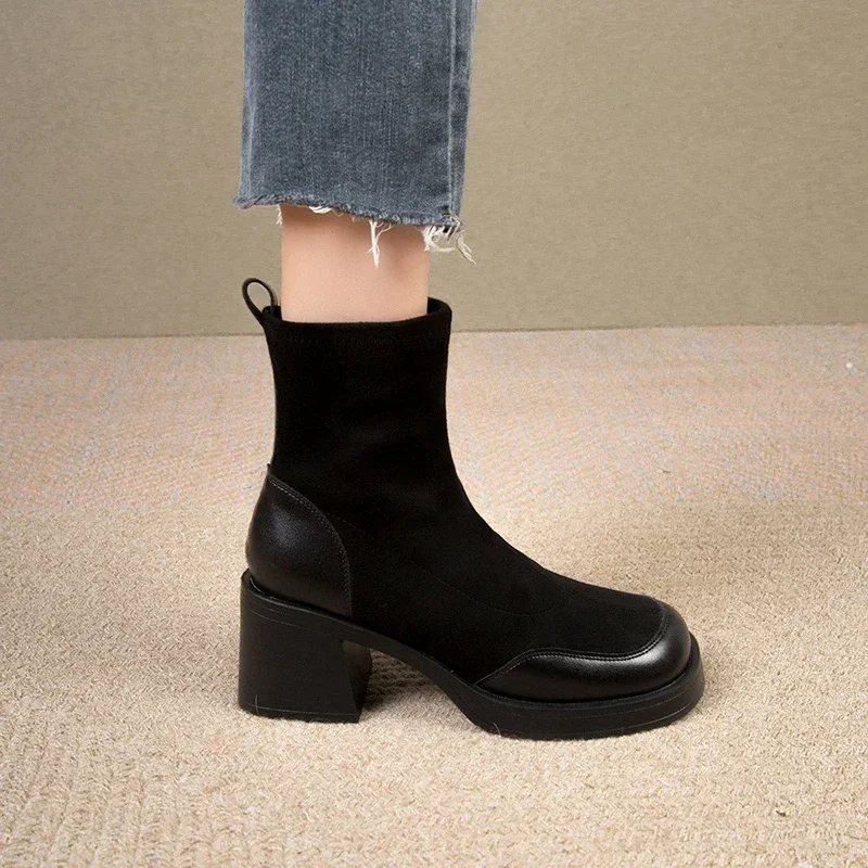 Women's Fashion Boots Mid-heel 2023 New Round Head Leather Ankle Boots Women Thick Wool Warm Dress Boots Women