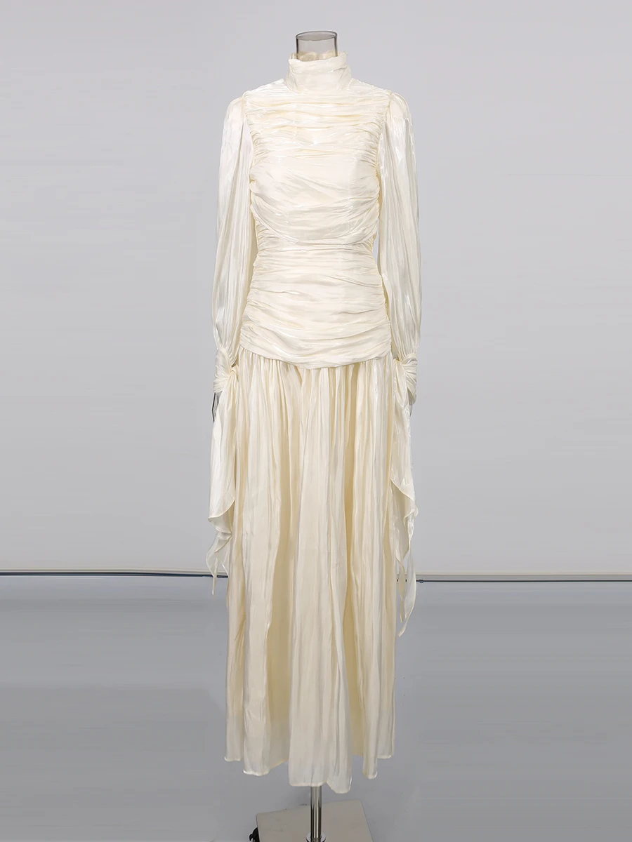 Ankle-length view of Spliced Folds Elegant Ruffles Dress plus size women wear