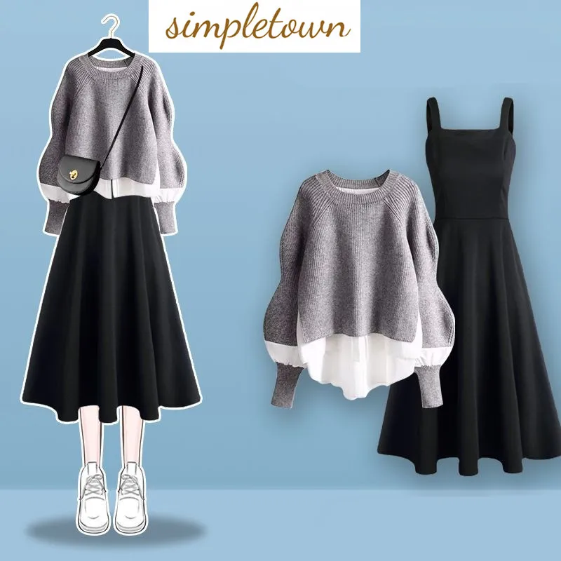 Spliced Knitted Sweater Shirt Black Strap Drop Pleated Dress Two Piece Elegant Women's Dress Set Winter Outfits