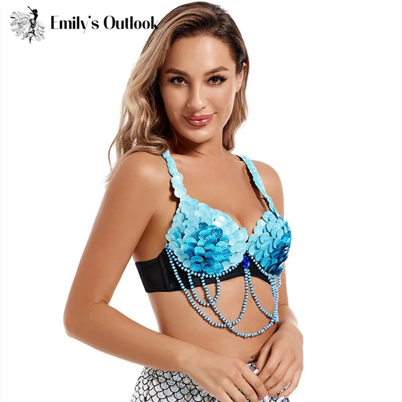 

Сексуальный бюстгальтер для танца живота, блестящий топ с блестками и бусинами, Карнавальная одежда в форме ракушки, яркий наряд для мермалетов, женский костюм для ночного клуба, шоу