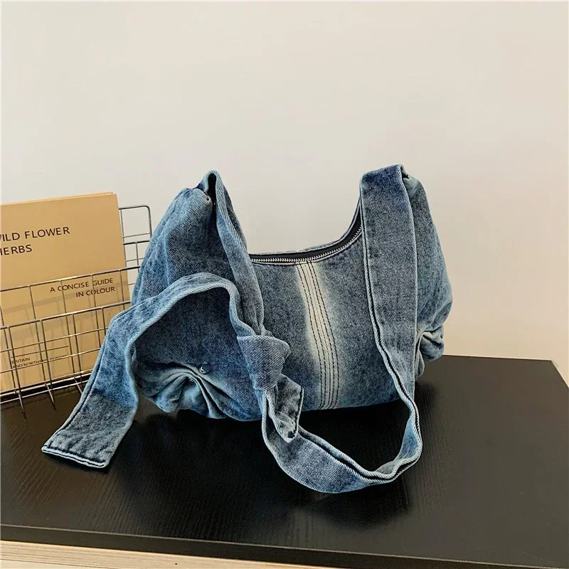 

Джинсовые однотонные модные сумки через плечо с застежкой-молнией 2024, высококачественные Молодежные сумки через плечо с внутренним отделением для женщин