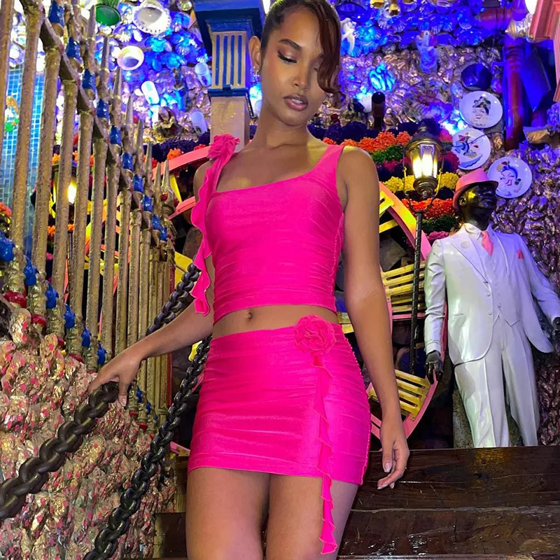 Pink Fringe Skirt Two Piece Fringe Set Mini Skirt Hot Pink