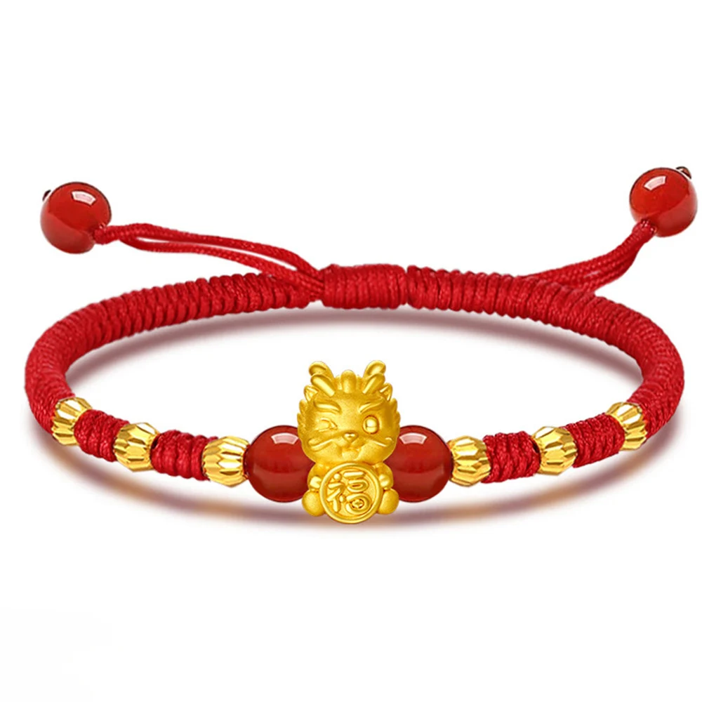 

New Real 24K Yellow Gold 3D Lucky Dragon with Faced Beads Red String Knitted Bracelet Women Gift