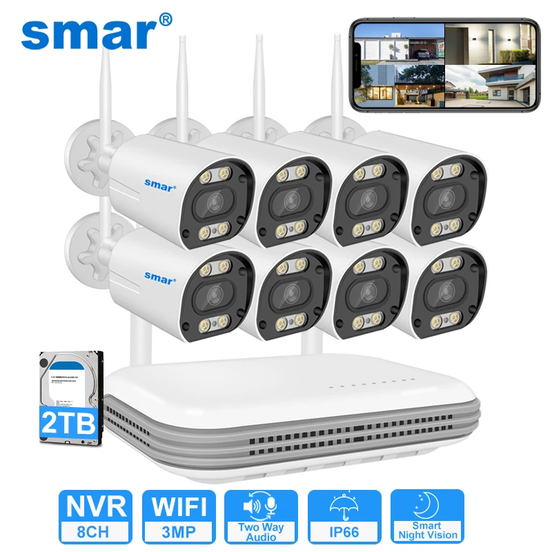 Système de vidéosurveillance sans fil SMAR, kit de caméra Wifi H.265 3MP HD, détection humaine, audio, IP 8CH, kit de surveillance vidéo NVR ICSee