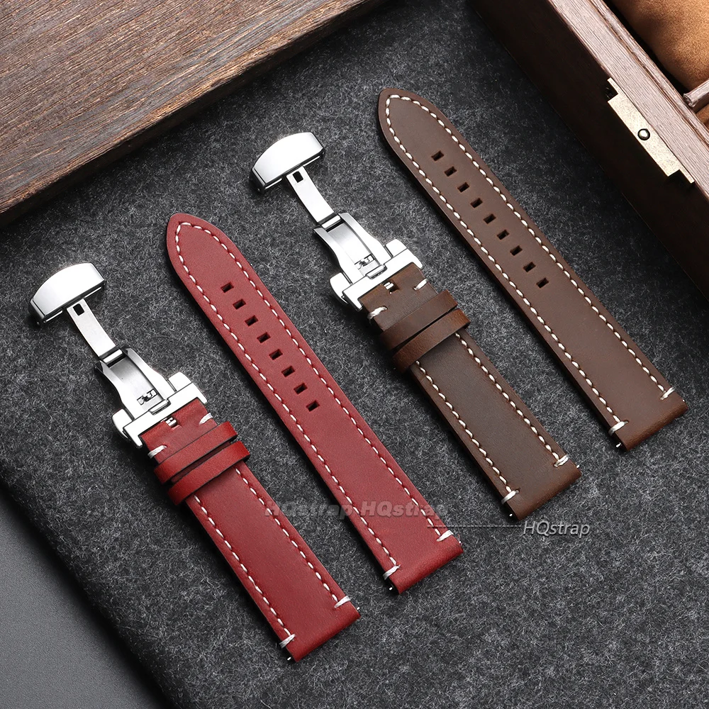 Vintage Leather Watch Strap with Butterfly Buckle - Premium Business Wristband Accessory