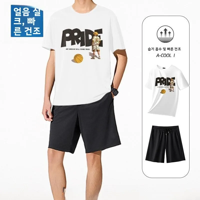 아이스 실크 퀵 드라이 러닝 피트니스 의류 세트 남성용 반팔 티셔츠 사이클링 ..