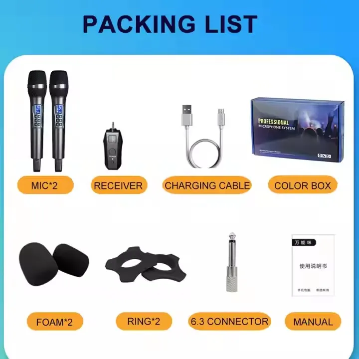 Uhf Wireless Handheld Dynamic Karaoke Microphone Bluetooth Receiver Professional Home Reverb High and Low Bass Plug and Play