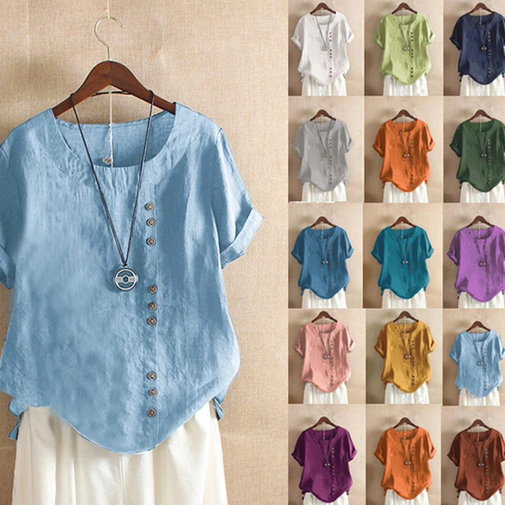 18 Colors S-5XL Women's Cotton Linen Button Blouse Summer Female S Neck Short Sleeve Solid Shirt Tops