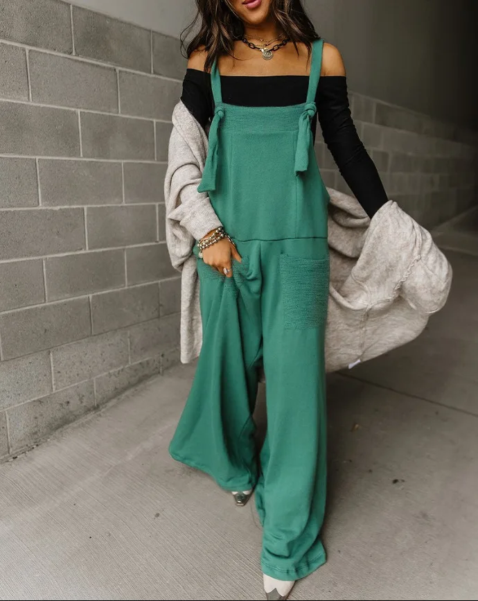 

Casual Wide Leg Pants Overall Women Solid Loose Fit Sleeveless Party Street Wear Jumpsuit with Pocket