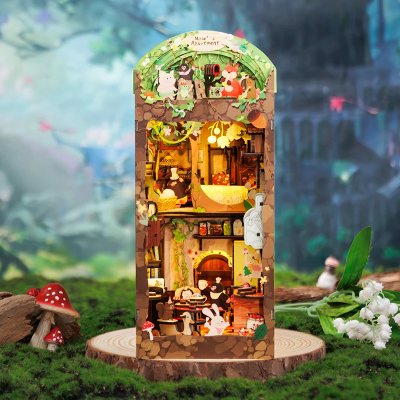 Cutebee Book Nook Kit 3D Wooden Puzzle Bookshelf Roombox Toy Mole's Apartment Miniature with Dustproof Cover LED Light Booknook 6