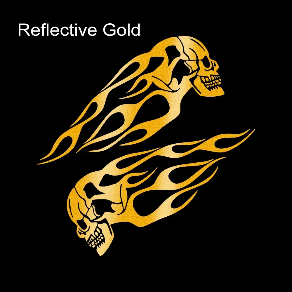 Flame Skull Reflective Motorcycle Tank Decal Stickers - Waterproof Decorative Accessories (Set of 2)