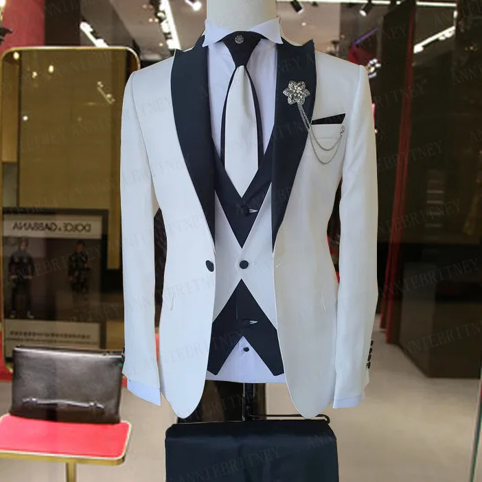 Mens Suit 3 Pieces Groom Wedding Blazer Sets Fashion Designs White Business Jacket Vest Royal Blue Pants Tuxedo