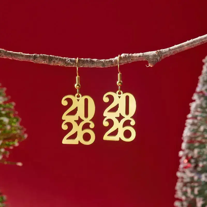 2026 New Year Minimalist Pendant Earrings - Stainless Steel Gold Star Heart Number Earrings Unisex Jewelry Gift For Women Men