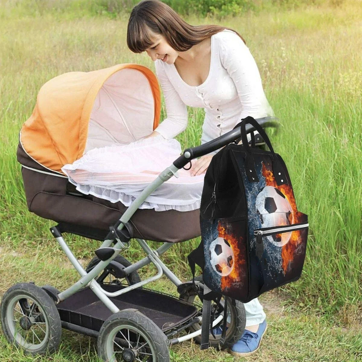 Soccer Ball In Fire And Water Diaper Backpack Multi-Function Organizer Nursing Bag Waterproof Non-fading Nappy Bags