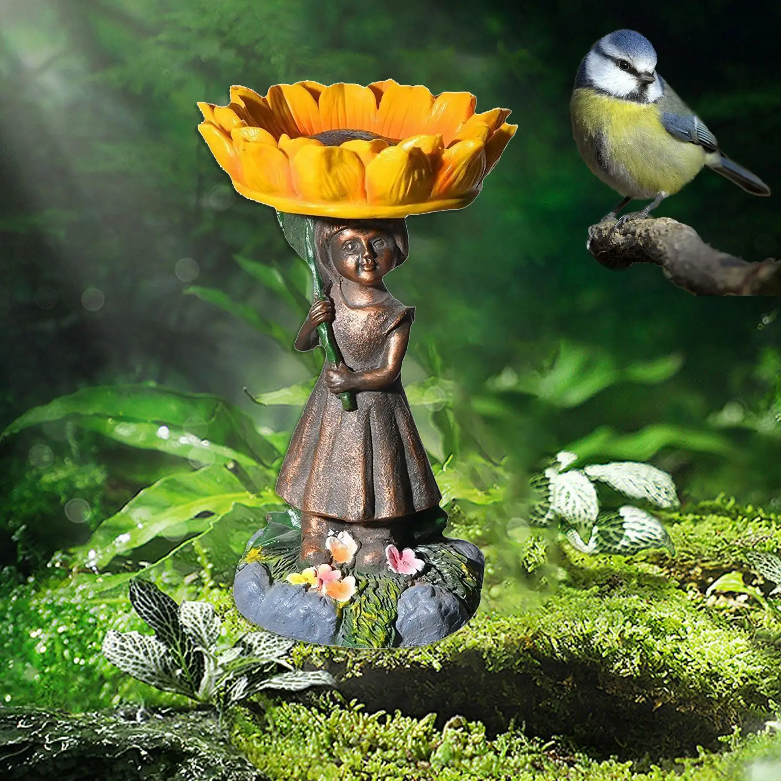 

Sunflower Girl Figurine Bird Feeder Creative Decorative Waterproof Birdbath Bowl for Lawn Yard Patio Outside Home Decoration