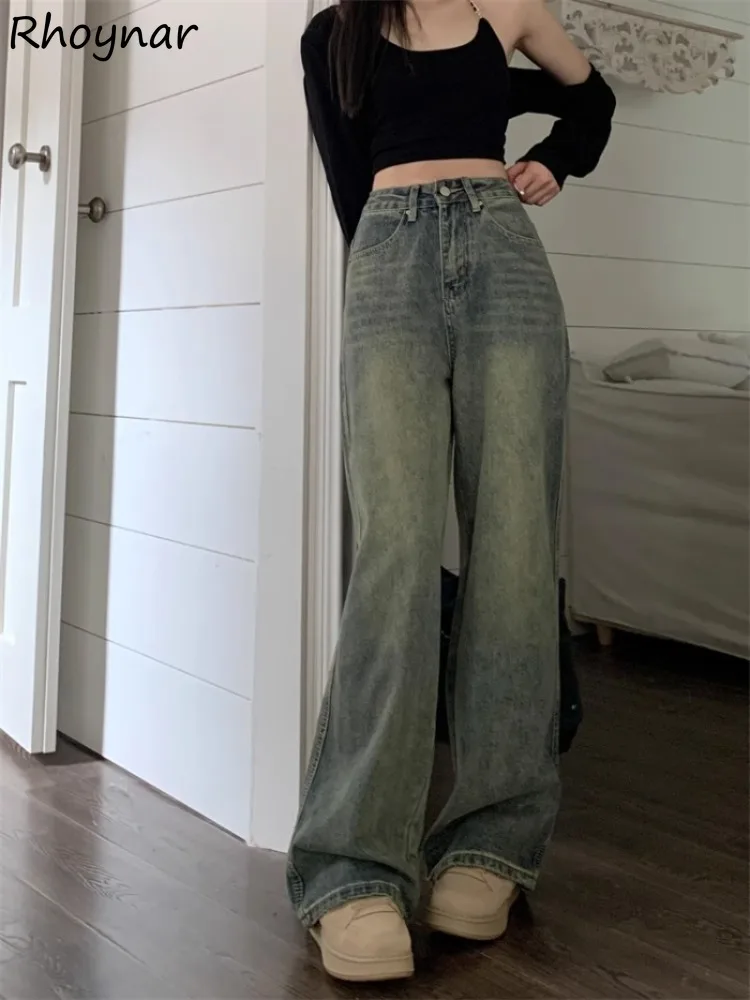 

Solid Jeans Women Spring Girls High Waist Vintage Baggy Casual Daily All-match Designed Slender Mopping Korean Style Trendy Chic