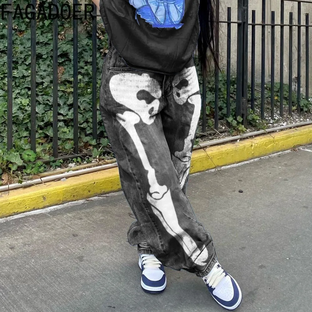 FAGADOER Graphic Print Street Jeans Women Baggy Jean 2023 Autumn Straight Leg Pants Y2k Denim Trousers Vintage Loose Black Jeans