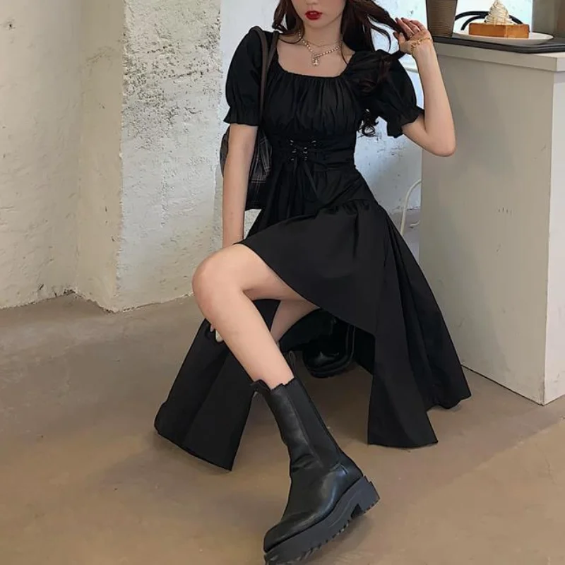 HOUZHOU Women's White Dress Autumn Elegant Vintage Kawaii Puff Sleeve Midi Dress Square Collar Bandage Sundress Goth Outfits