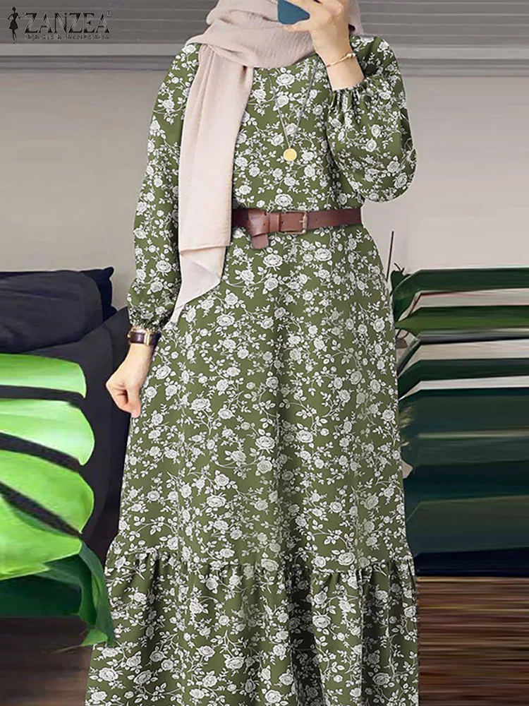 

ZANZEA Muslim Women Dress Big Swing Abayas Caftan Turkey Floral print Sundress O-Neck Loose Party Evening Gown Islamic Clothes