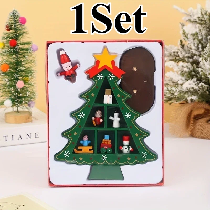 1Set Wooden Christmas Tree Shaped Desktop Ornament with Base, Christmas Tree Crafts, Christmas Decorations
