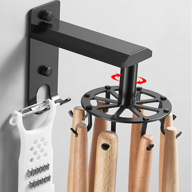 Hole free kitchen rotary hook storage rack retractable wall mounted pot shovel spoon kitchen utensils storage artifact