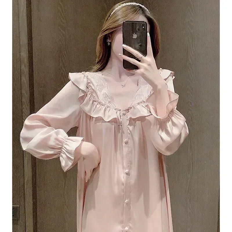 

Dress Night Sleepshirt Autumn Pajamas Sleeve Womens One Nightwear Satin Piece Long Wear Ruffles Home Nightgown Sleepwear Lace