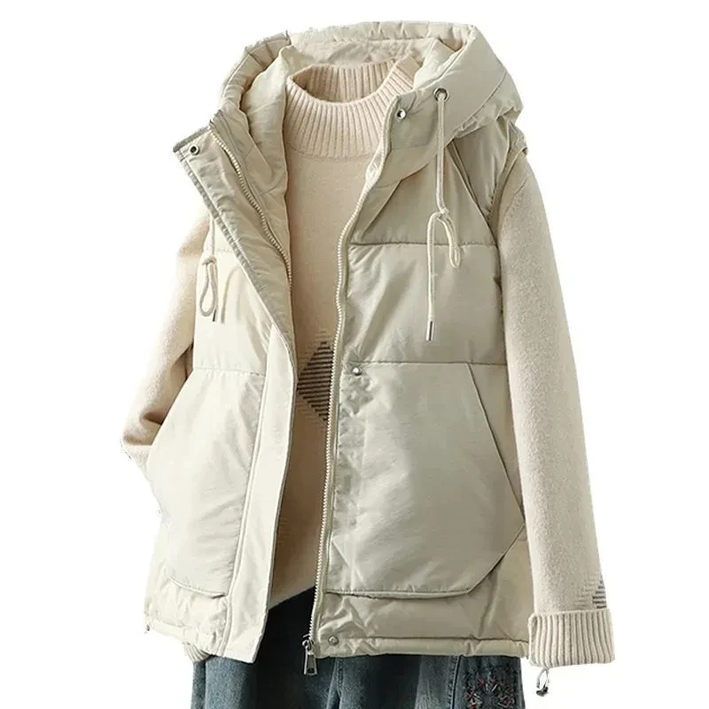 

Autumn Winter New Down Cotton Vest Jacket Women Hooded Short Sleeveles Parka Warm Coat Casual Overcoat Ladies Waistcoat Tops