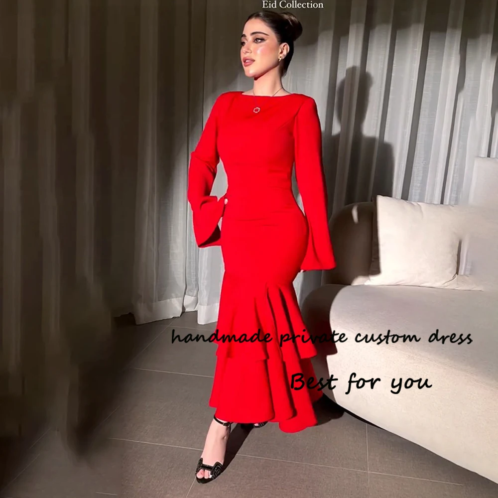 

Red Mermaid Evening Prom Dresses Long Sleeve O Neck Spandex Satin Formal Dress Arabic Dubai Wedding Party Gown Ankle Length