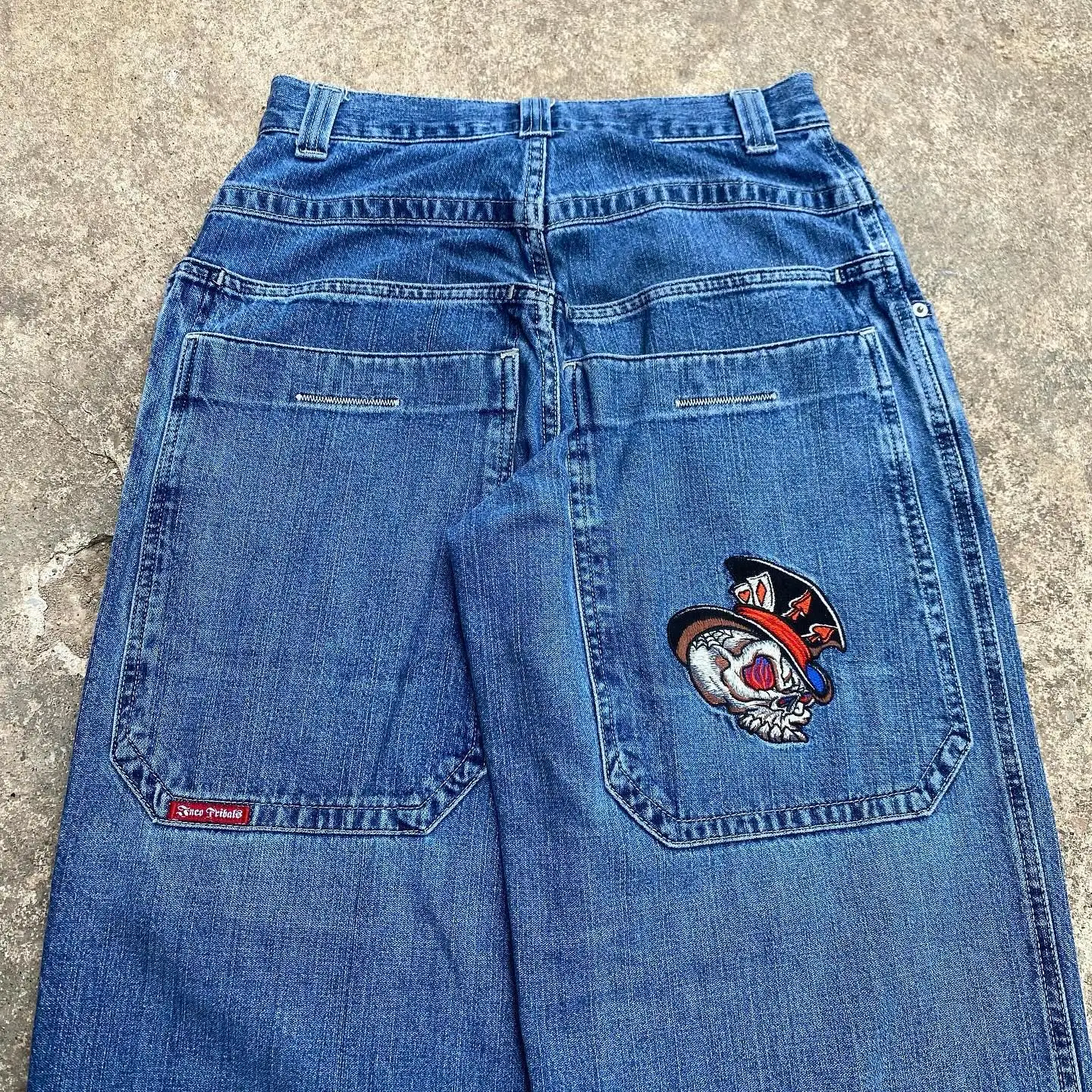 JNCO Y2K 청바지, 힙합 레트로 해골 그래픽, 레트로 블루, 헐렁한 청바지, 하이웨이스트 와이드 레그 바지, 스트리트웨어, 남녀공용, 신제품