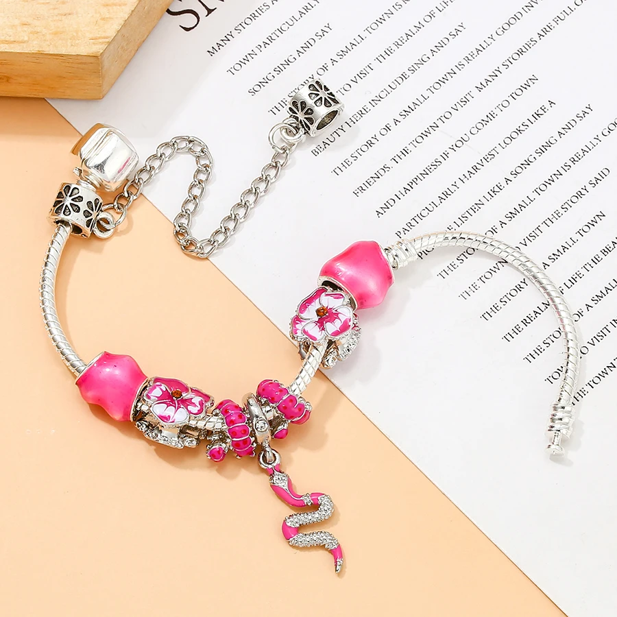 High-Quality Pink Heart Shaped Crystal Charm Beads Pendant DIY Snake Chain  Charm Bracelet For Women Girl Jewelry Dropshipping