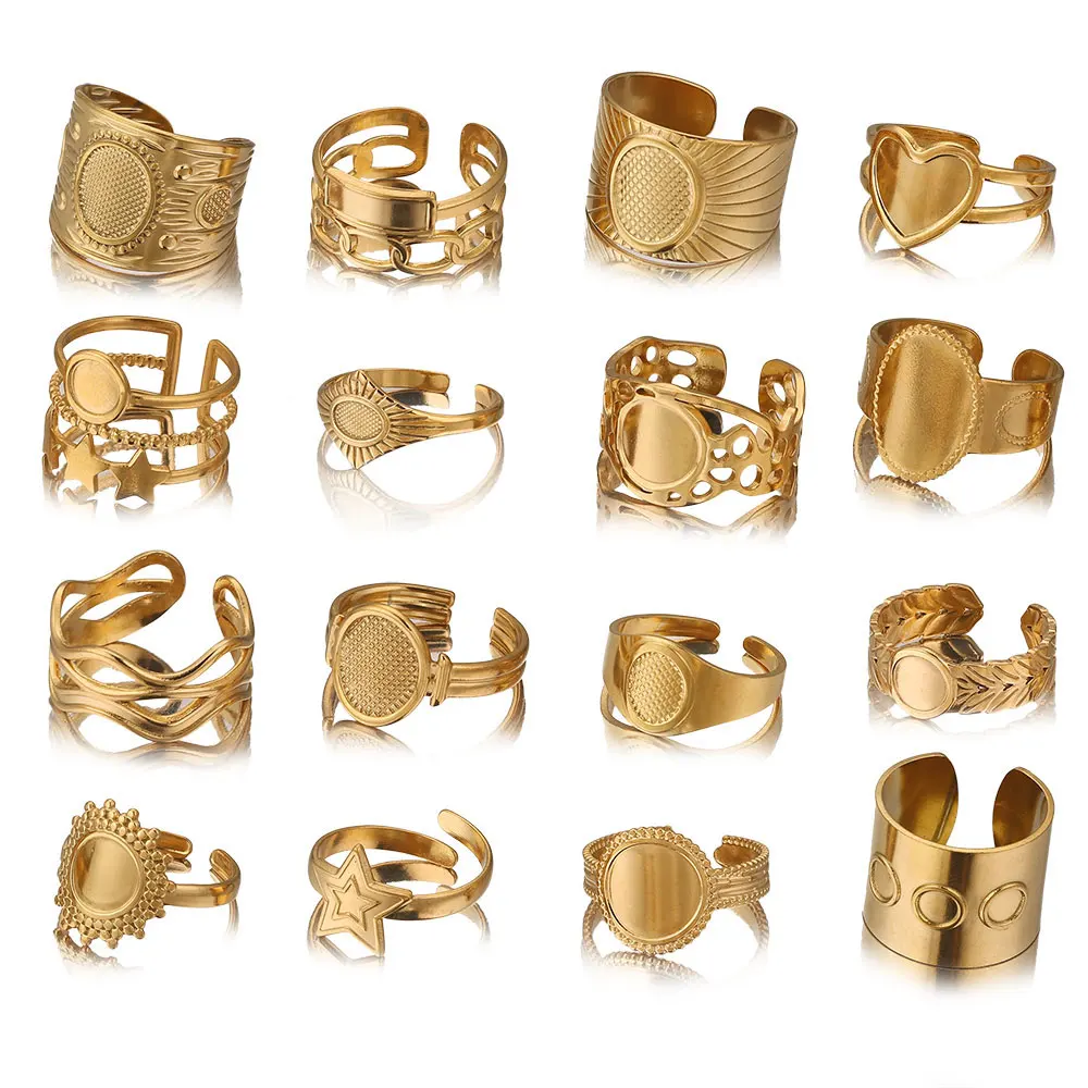 

4pcs/lot Gold Plated Stainless Steel Open Resin Ring Base Settings Flat Blank Large Round Oval Tray Ring Bezel Jewelry Making