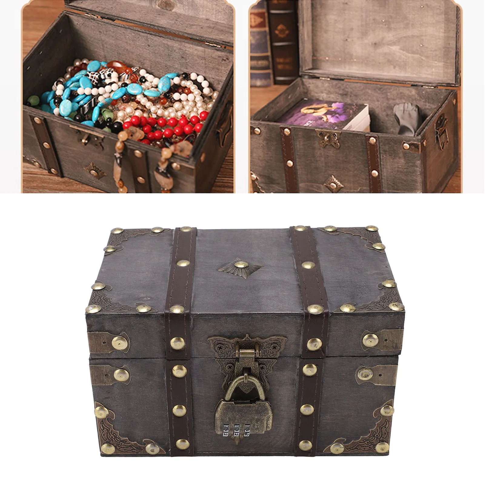 Vintage Wooden Treasure Chest with Coded Lock – Durable Wood Jewelry Box with Alloy Det... - SKU WJB23535 - UGI Packaging
