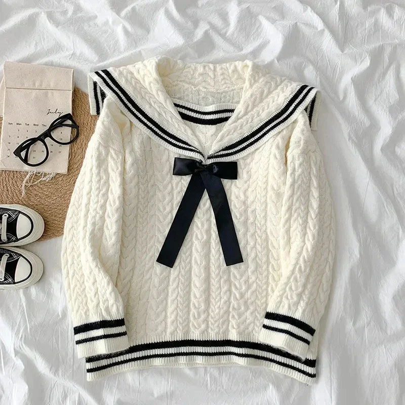 

QNPQYX Korea Style Sailor Collar Pullover Sweaters Women Simple Twist Hit Color Women Jumpers New Loose Knitted Sweater
