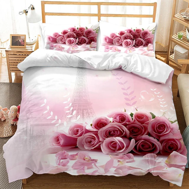 Juego de de cama con 3D de flores rosas, funda nórdica de microfibra, estilo