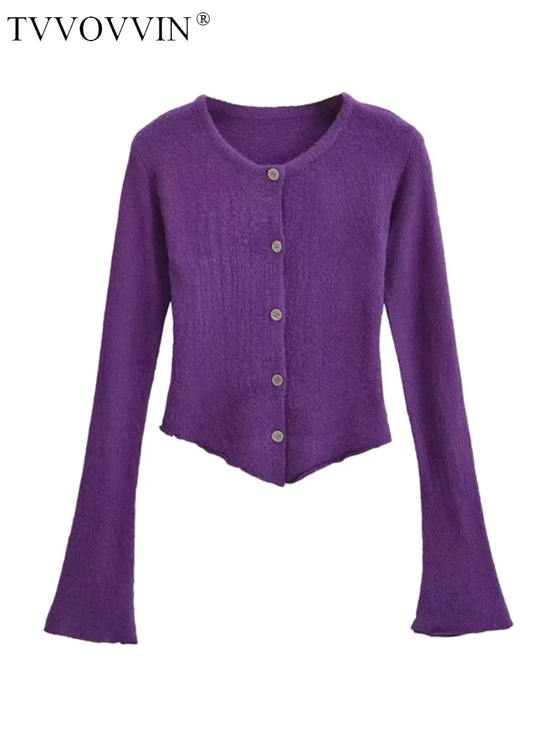 

WOMENGAGA Round Neck Flare Sleeve Knitted Tops Women's Slim High Waist Slim Short Buckle Long Sleeve Top Sweater 5MHQ