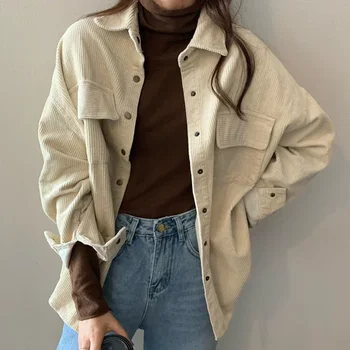 Spring New Women Solid Corduroy Shirts Jackets Full Sleeve Turn-Down Collar Oversize Coats Casual Autumn Basic Outwear T0O901F 1