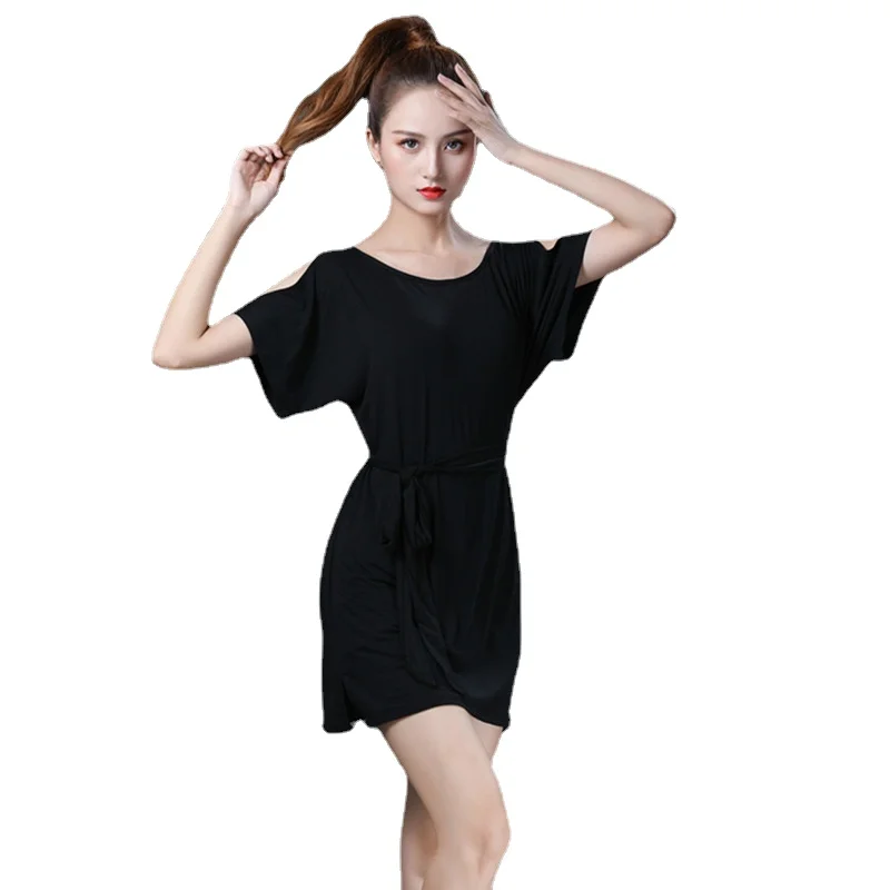 

Black Latin Dance Dress Short Sleeve Training Loose Sexy Sleeved Bat Sleeve Dance Dress Female Practice Skirt Adult Costume